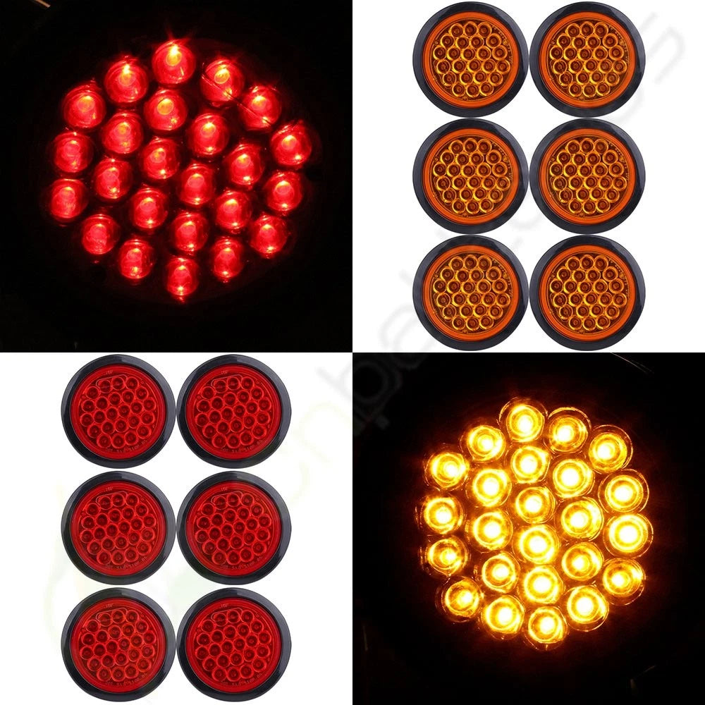 12x 4" 24V LED Side Marker Trailer Signal Turn Tail Lamps Round Red Amber