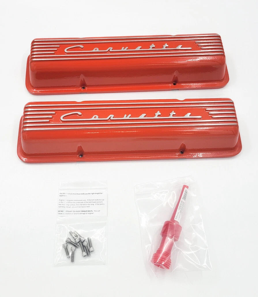 Valve Covers Replacement Orange Finned Corvette Script for Chevrolet SBC (1967–1970)