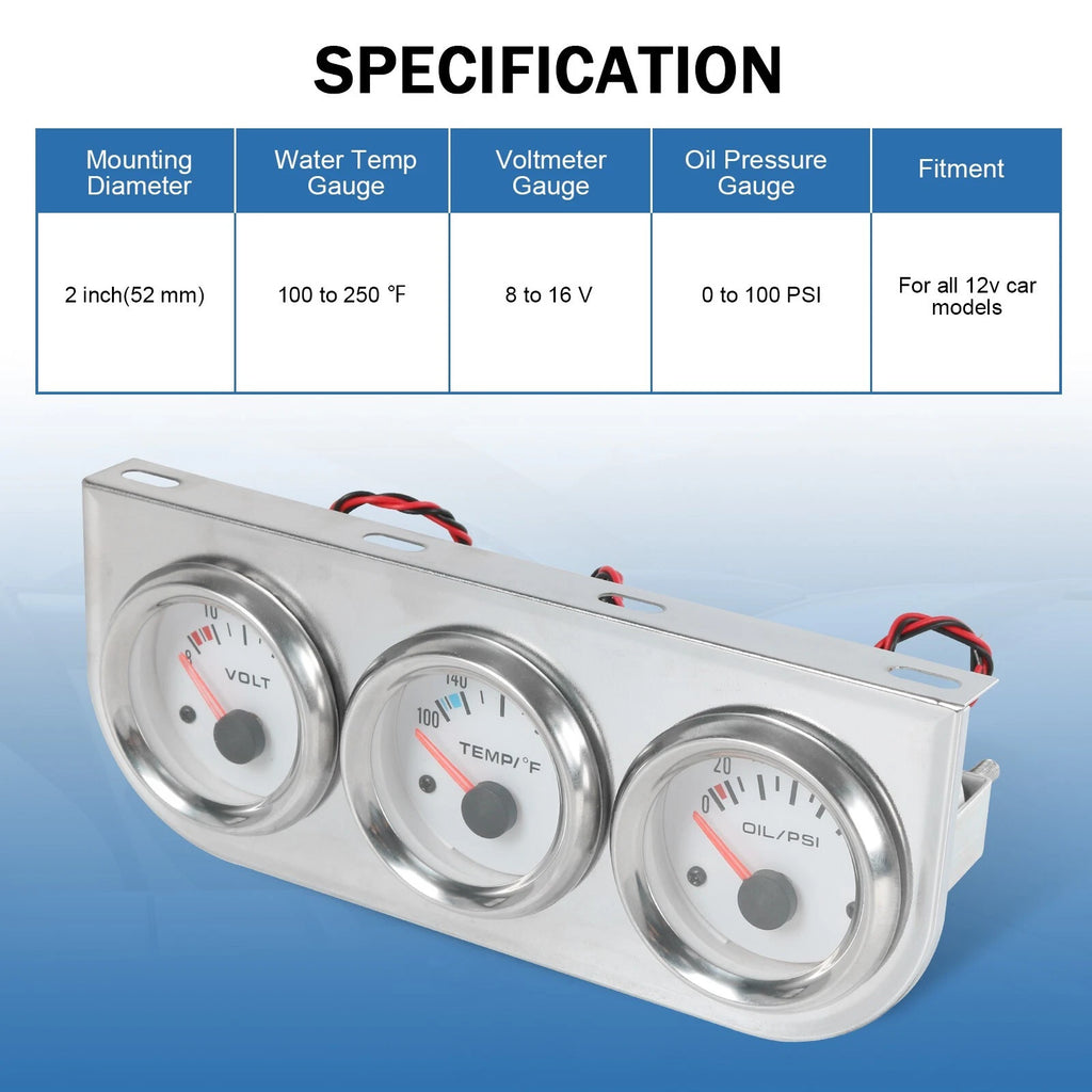 Set of 3 Mechanical Chrome Gauges for Universal Applications (52mm)