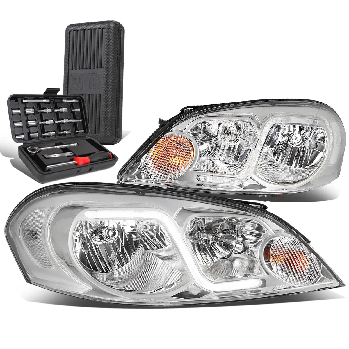 LED Bar Headlight Lamp for Chevy Impala Limited (2006–2016) + Tool Box Chrome/Clear