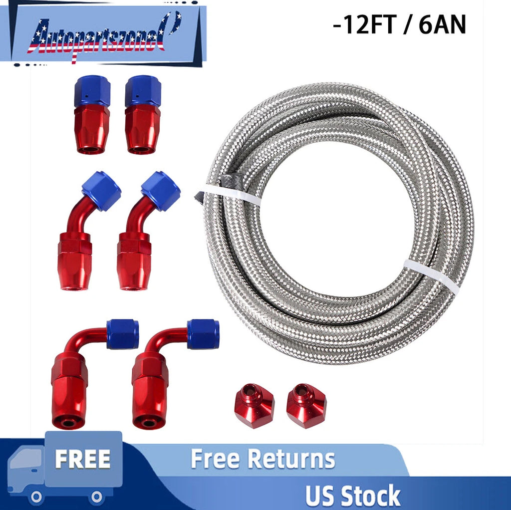6AN AN6 12FT Nylon Braided Oil Fuel Line + Fitting Hose End Adapter Kit