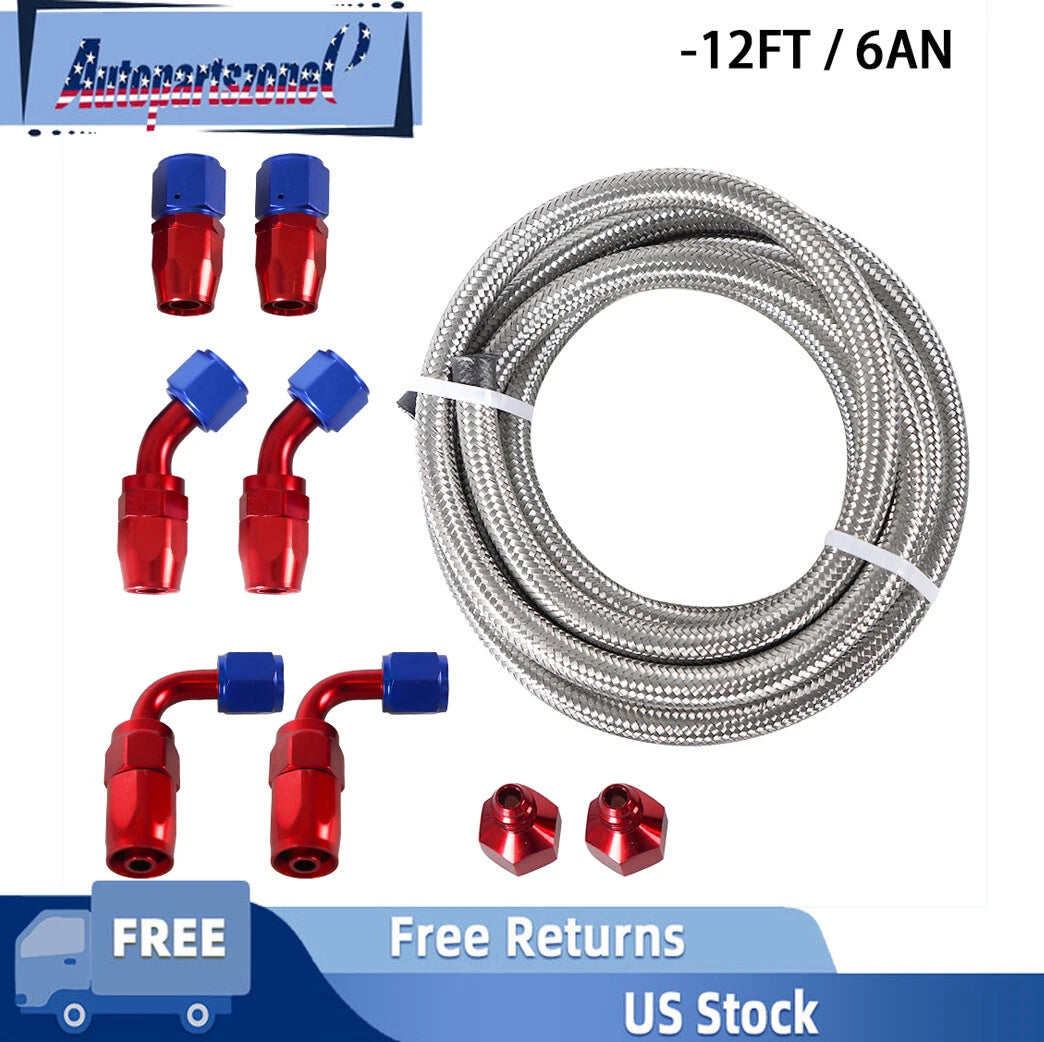 6AN AN6 12FT Nylon Braided Oil Fuel Line + Fitting Hose End Adapter Kit