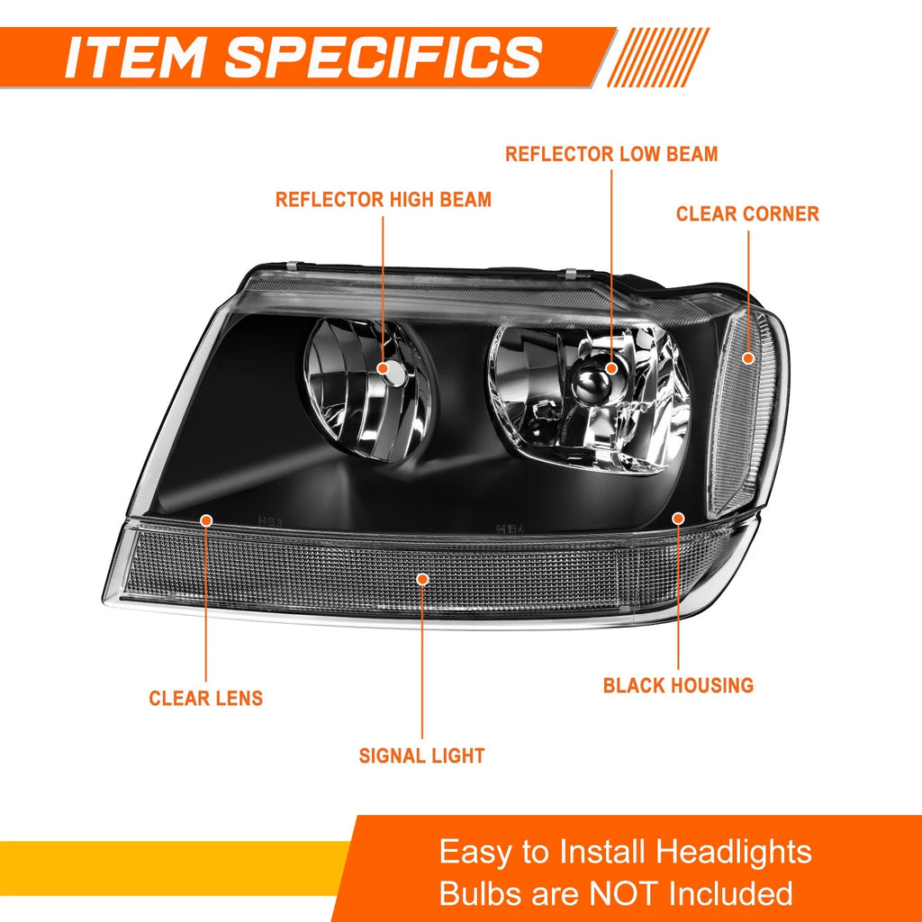 Headlight & Clear Side Corner Lamp for Jeep Grand Cherokee WJ (1999–2004)