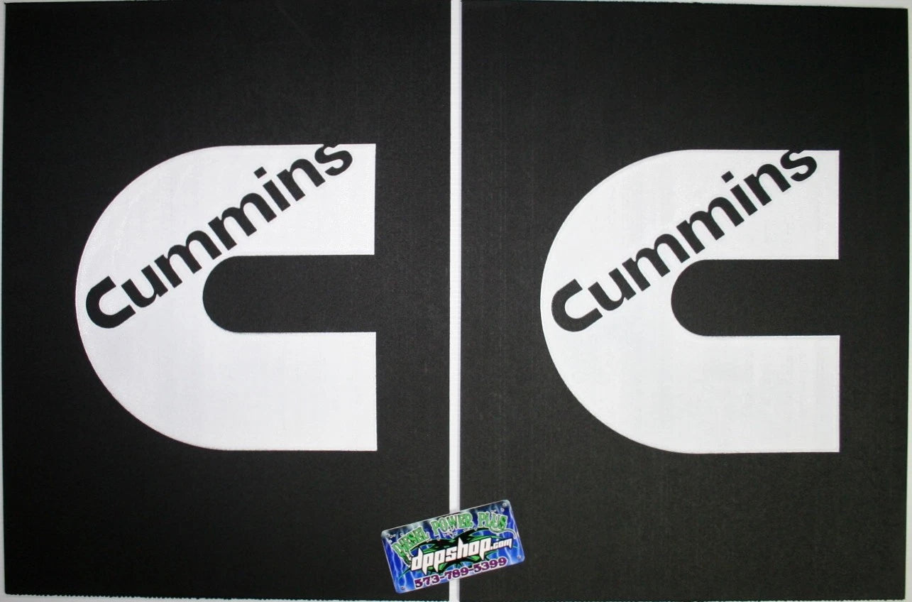Pair of 18" x 24" White Cummins Logo Mud Flaps for Ram Trucks