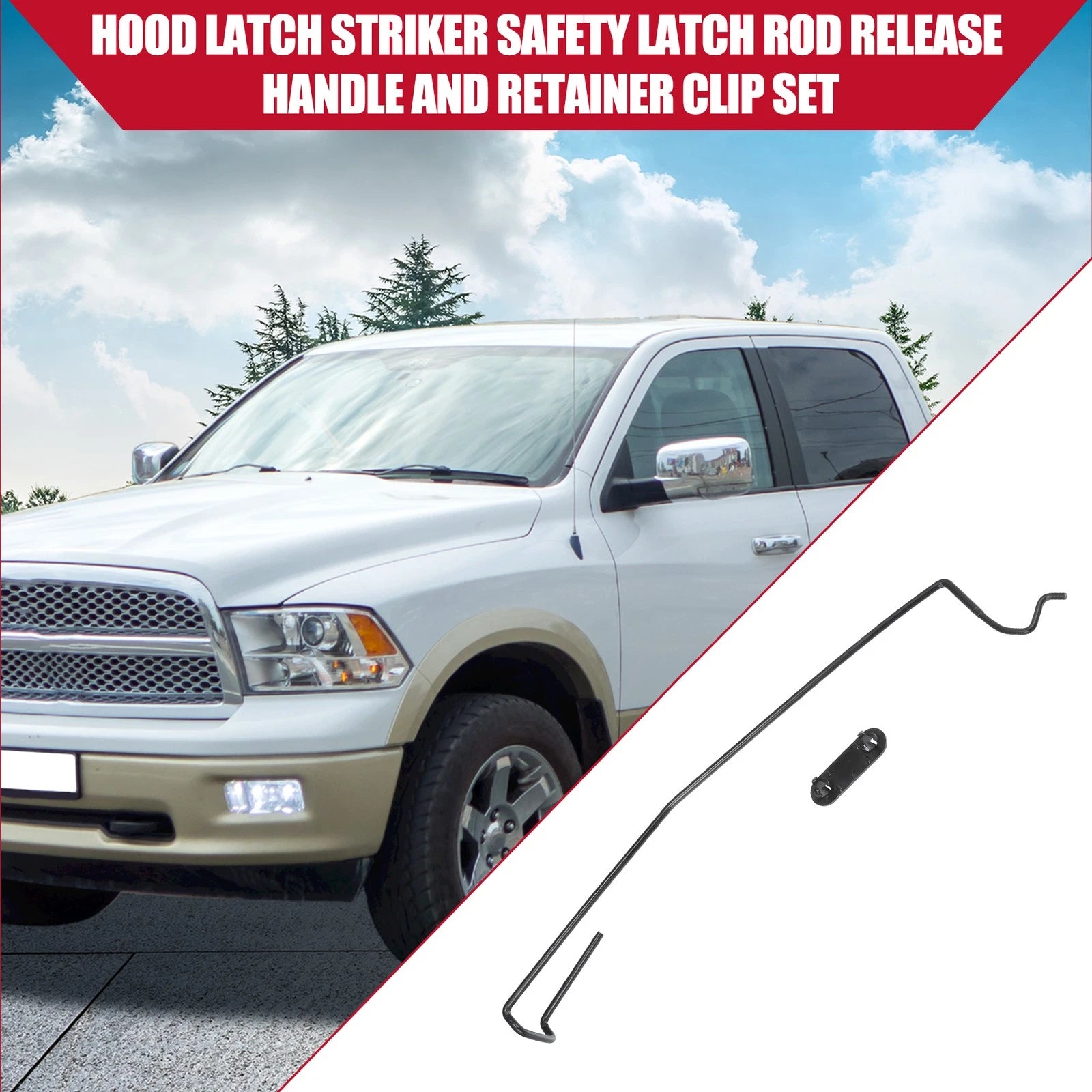 Set of 2 Hood Latch Rod Release Handles & Retainer Clips for Dodge Ram