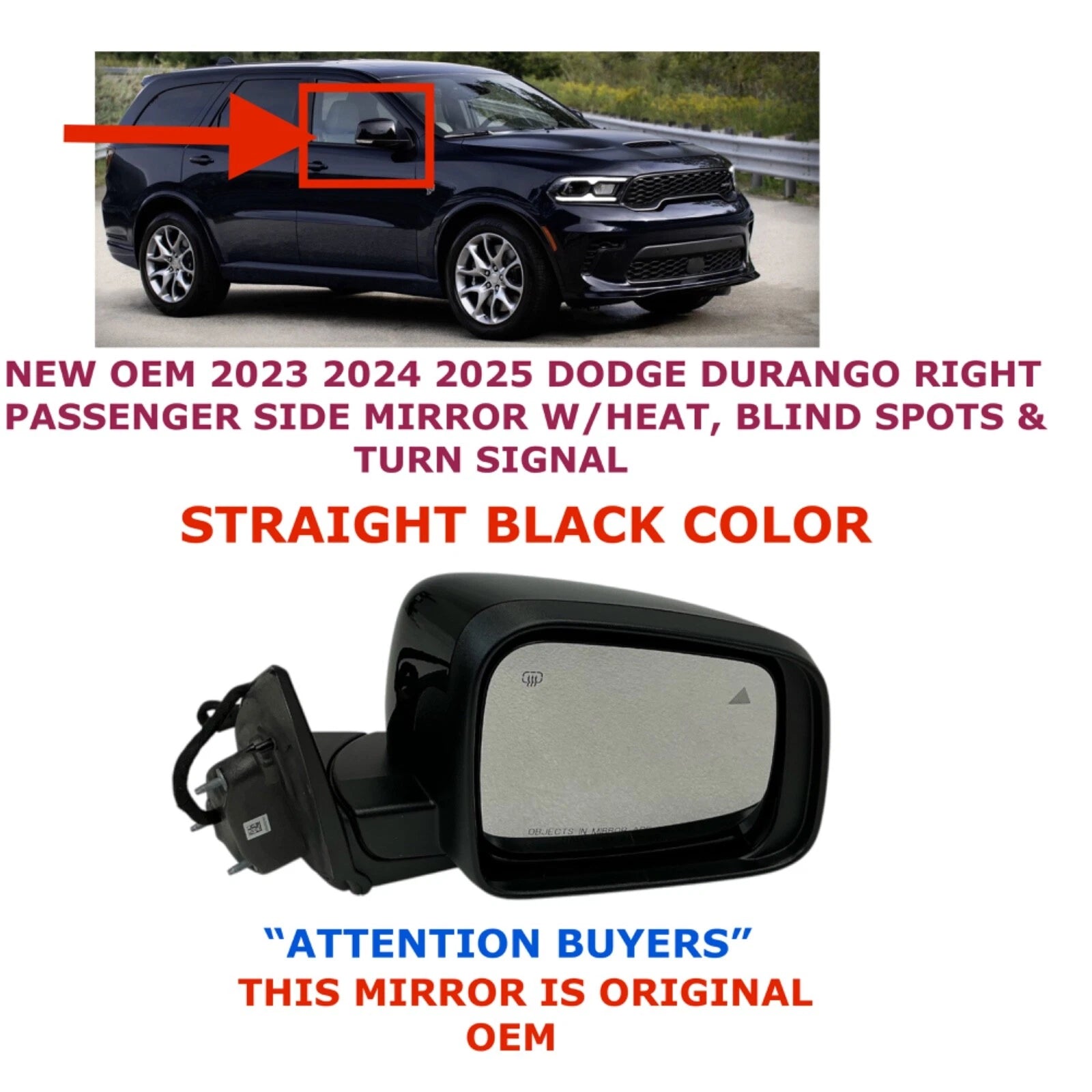 Right Side Mirror for Dodge Durango (2023–2025) W/Heat & Blind Spot, Black