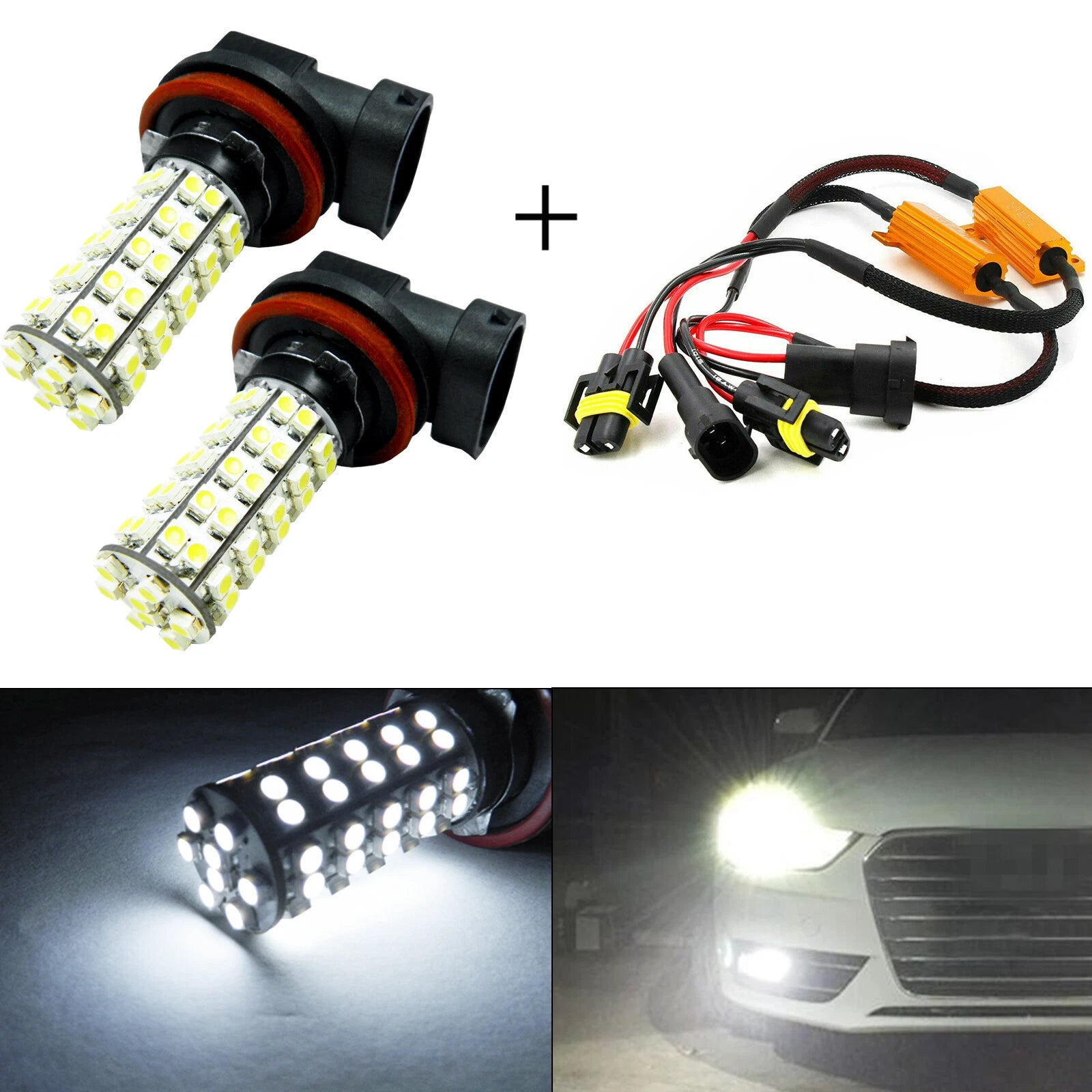 2x White H11 H8 H9 LED Fog Light Bulbs for Car (68SMD) (CANBUS)
