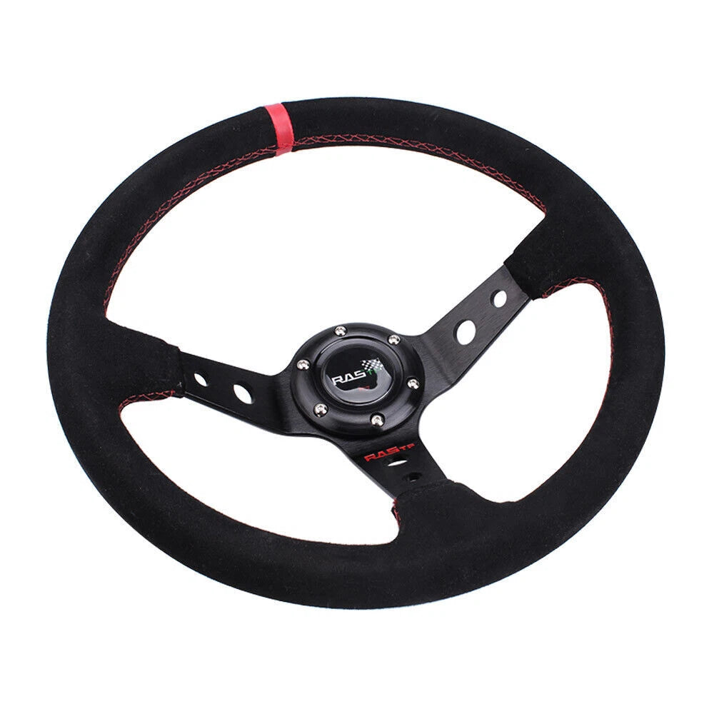 14” Suede Leather Steering Wheel with 6 Bolt + Quick Release Adapter for Universal Fit