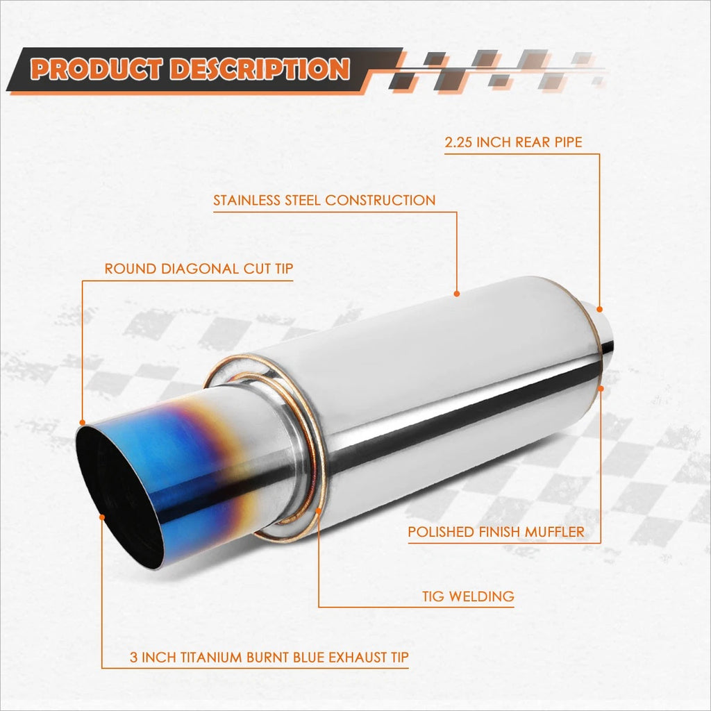 2.25" Inlet Stainless Steel Exhaust Muffler + 3" OD Burnt Titanium Tip