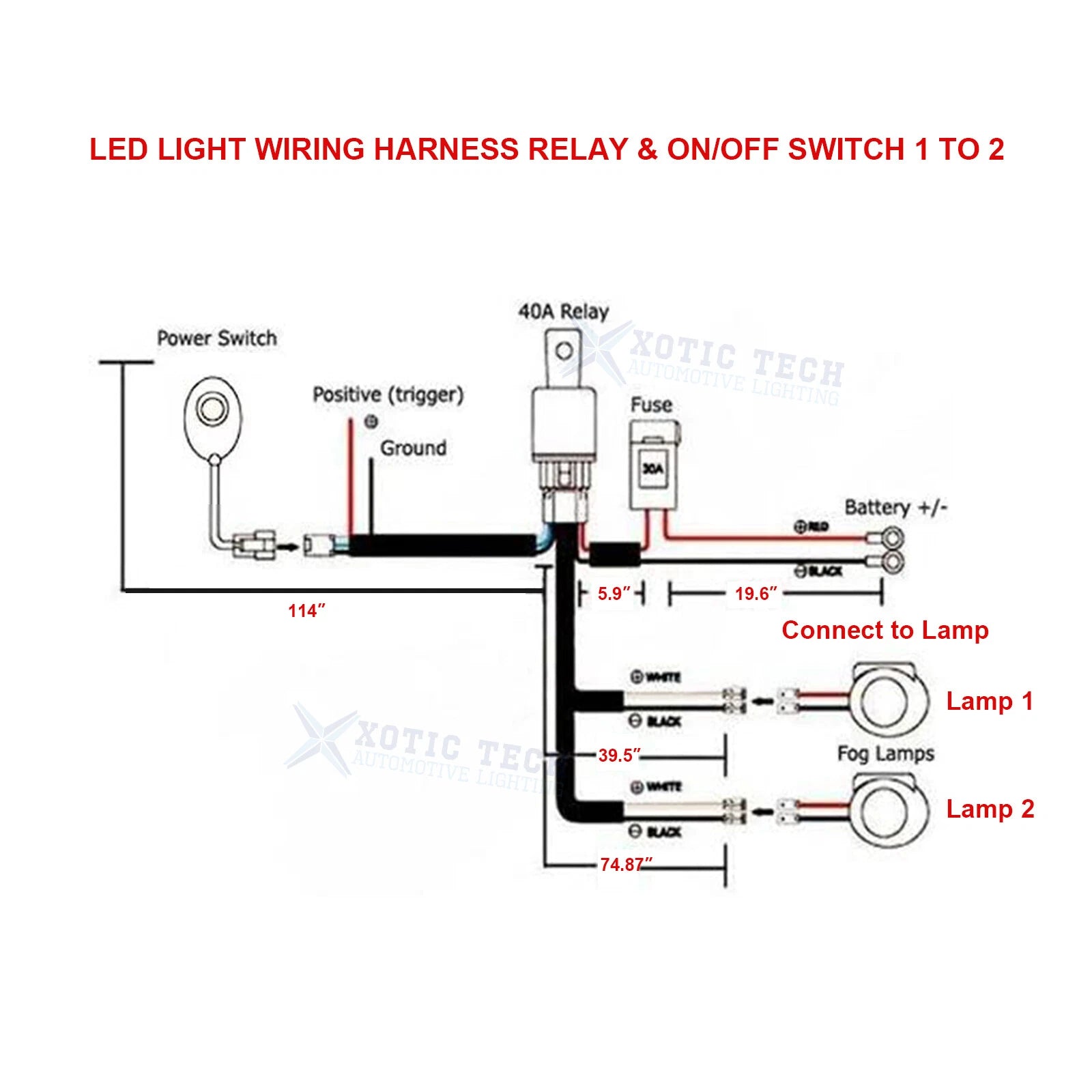 LED Work Light Bar Wire Harness for H11/H8 Bulbs (12V 40A, 2011-2015)