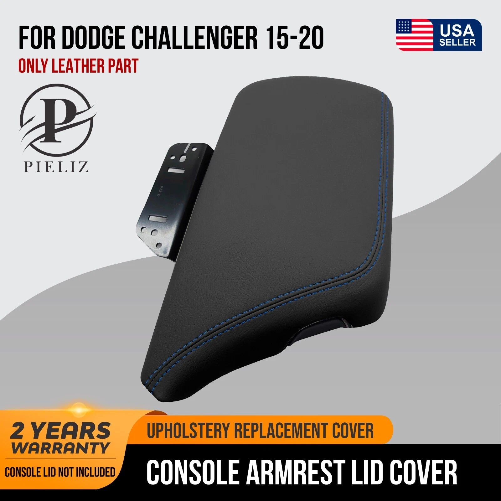 Leather Console Lid Armrest Cover for Dodge Challenger (2015–2020) Blue Stitch