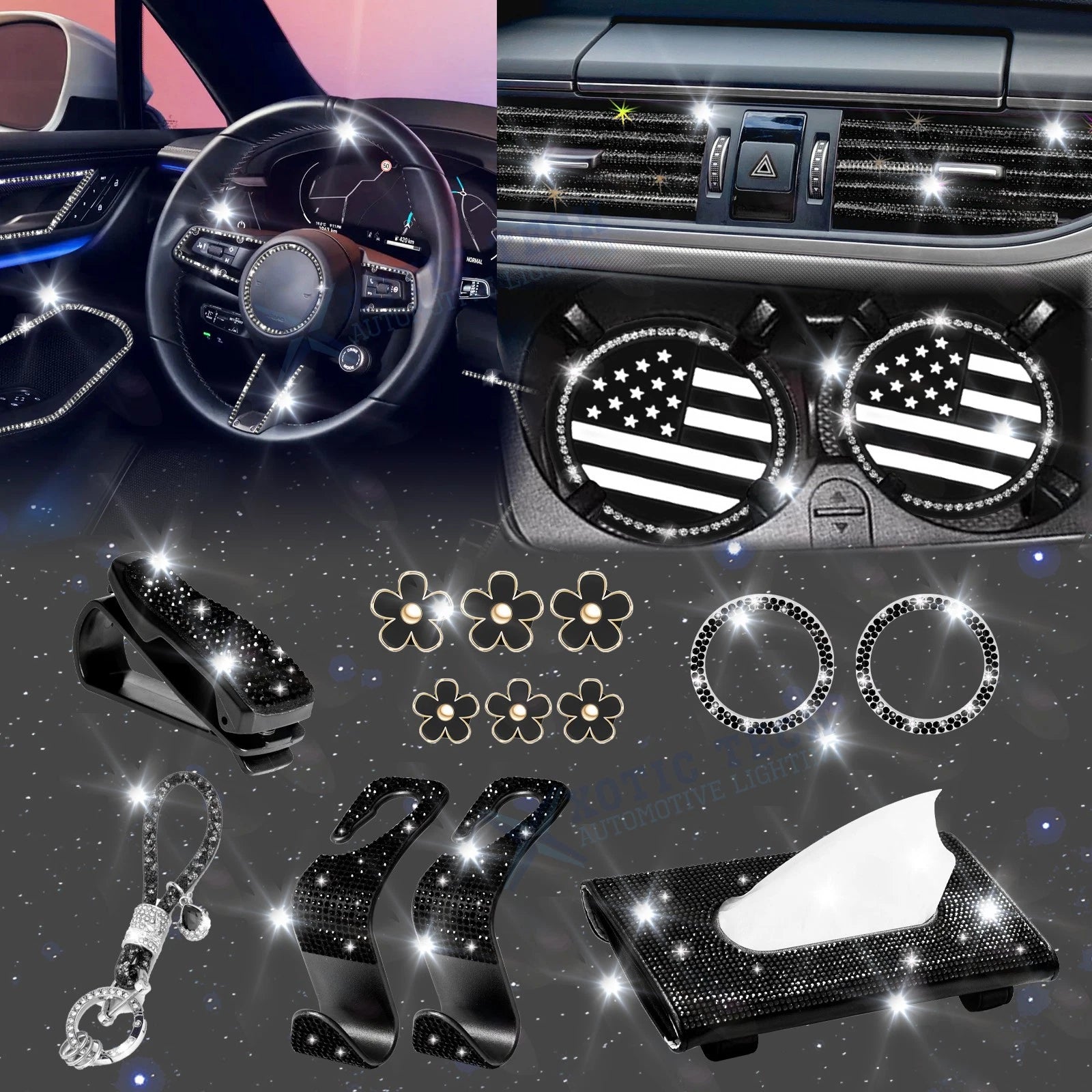 Black Rhinestone Universal Car Interior Decor Set for Women Girls (—)