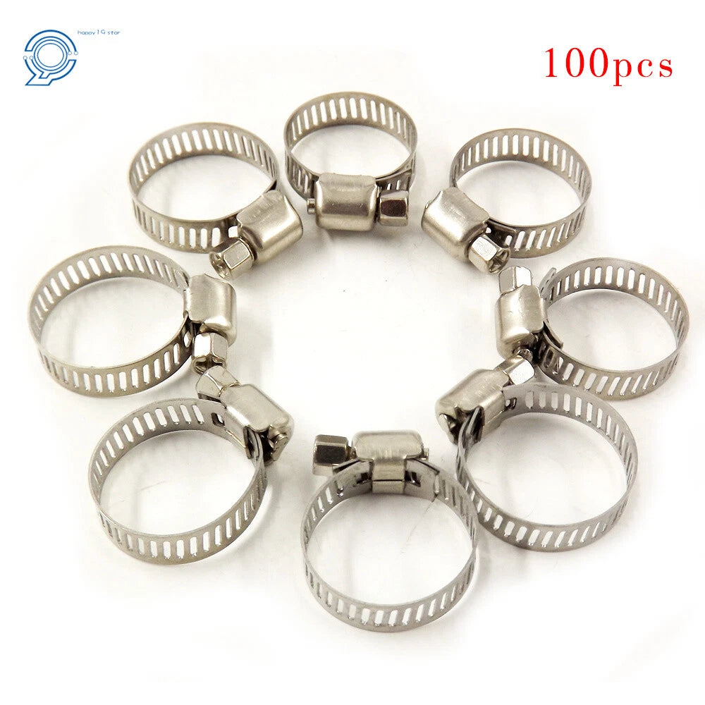Set of 100 Stainless Steel Adjustable Drive Hose Clamps 3/4" - 1"