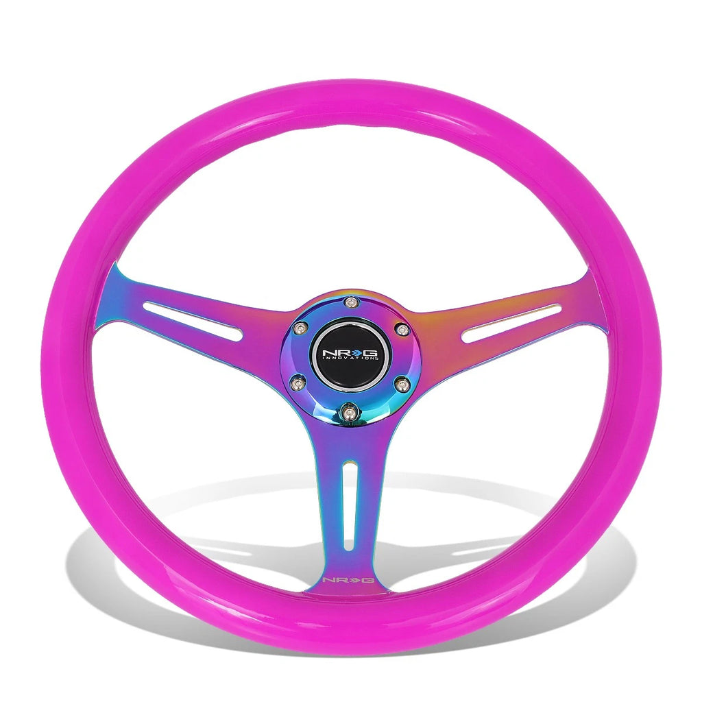 NRG 35cm Neon Purple Wood Grain Neo Chrome Steering Wheel for Universal (2010–2023)