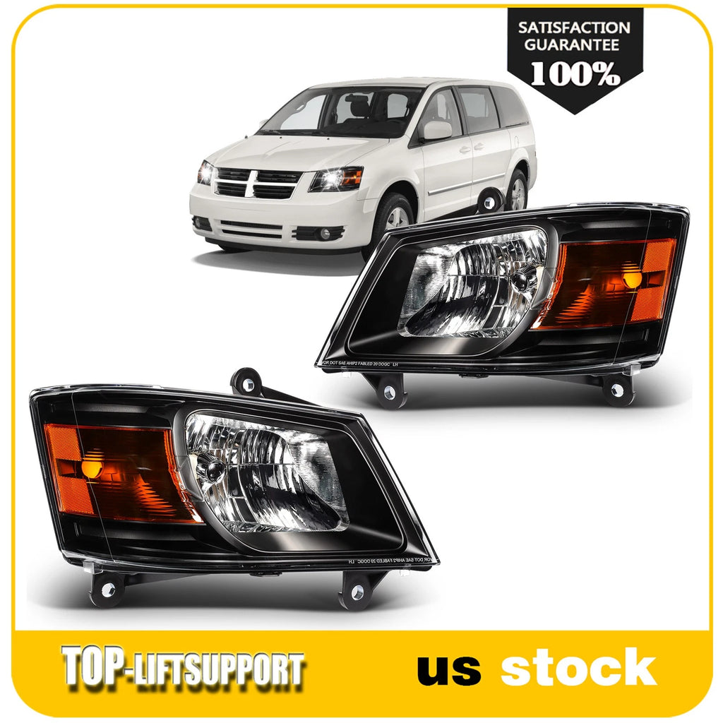 Set of 2 Headlights for Dodge Grand Caravan (2008–2010) Black Housing Amber