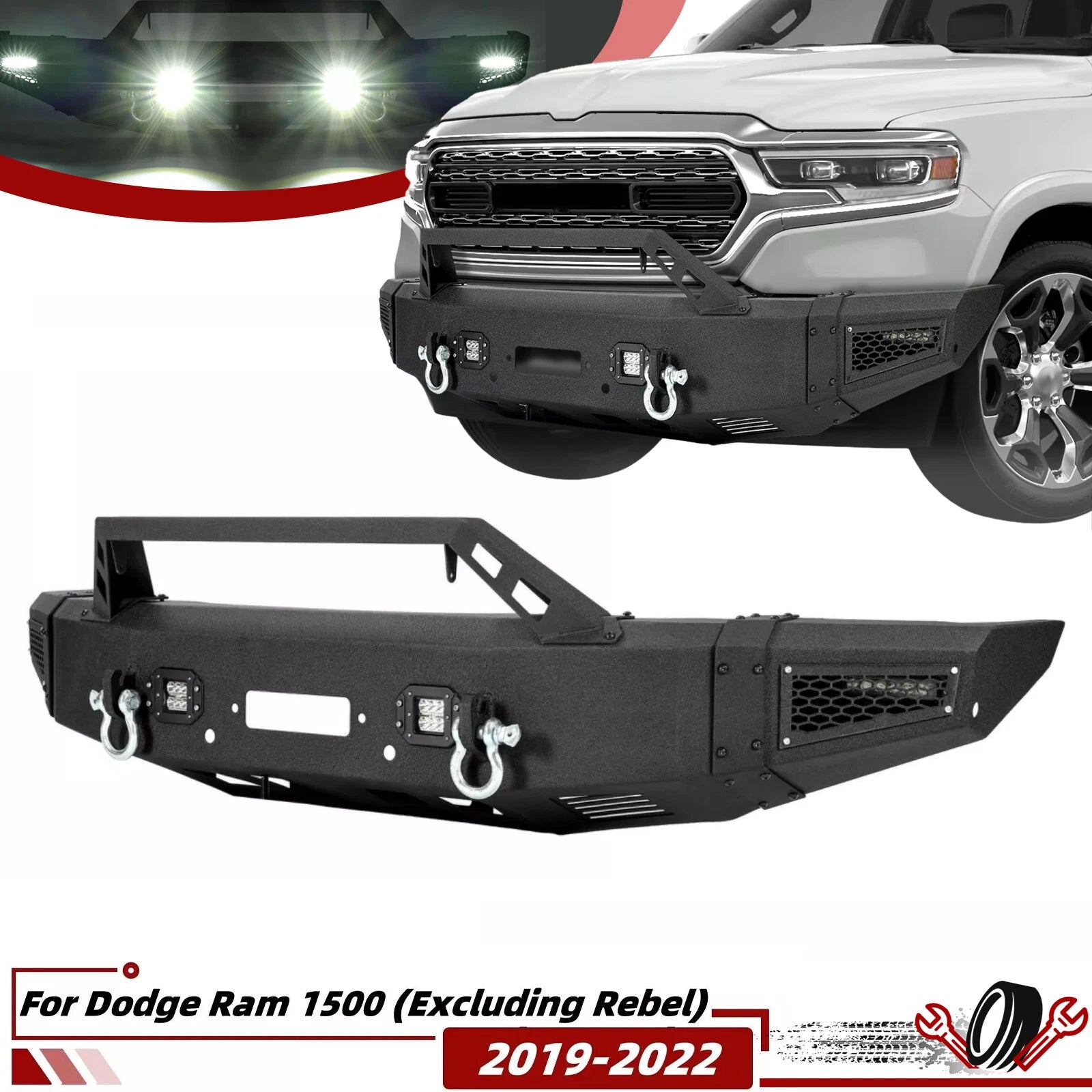 Front Bumper Assembly with Winch Plate & LED Light for Dodge Ram 1500 (2019–2022)