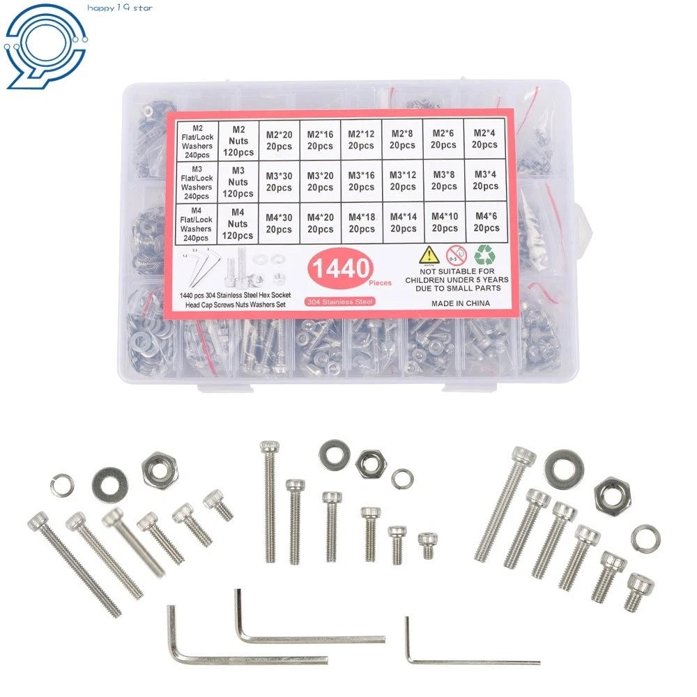 Set of 1440 Metric Bolts with Nuts 304 Stainless Steel Hex Socket M2 M3 M4