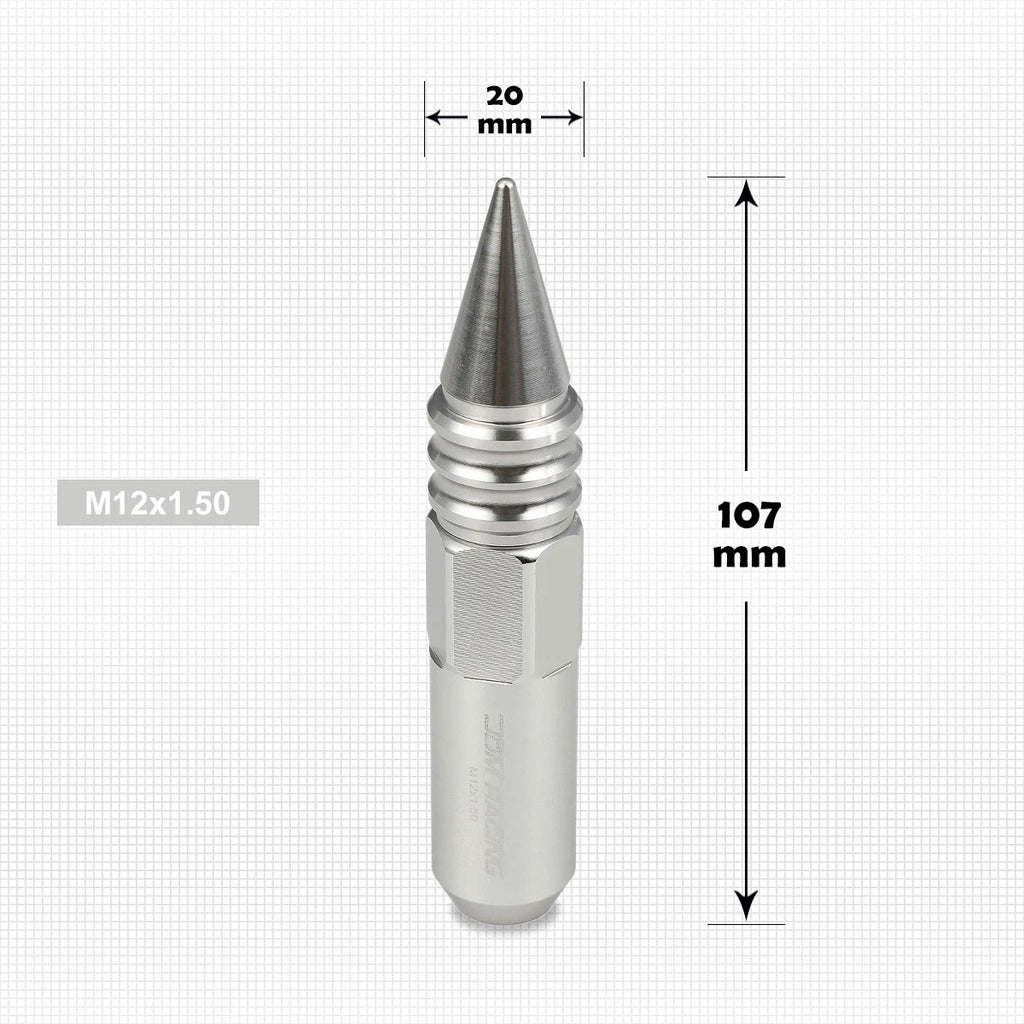 Set of 20 M12X1.5 Silver JDM Conical Wheel Lug Nuts + Spike + Extension 20mm