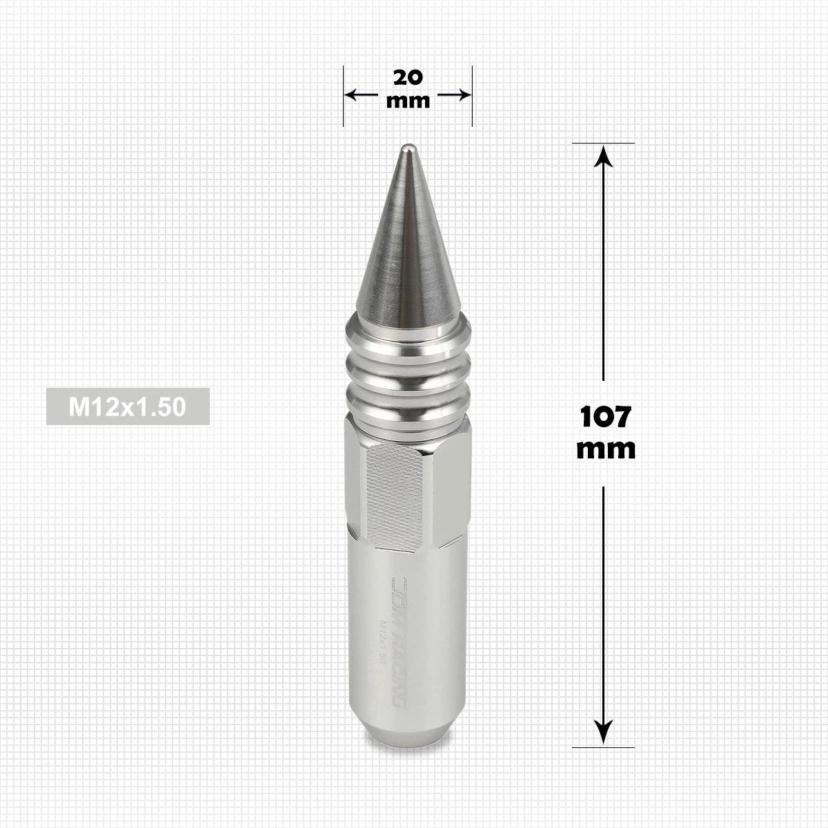 Set of 20 M12X1.5 Silver JDM Conical Wheel Lug Nuts + Spike + Extension 20mm