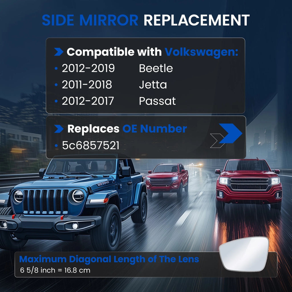 Left Side Mirror Glass for Volkswagen Passat Jetta Beetle (2011-2019)
