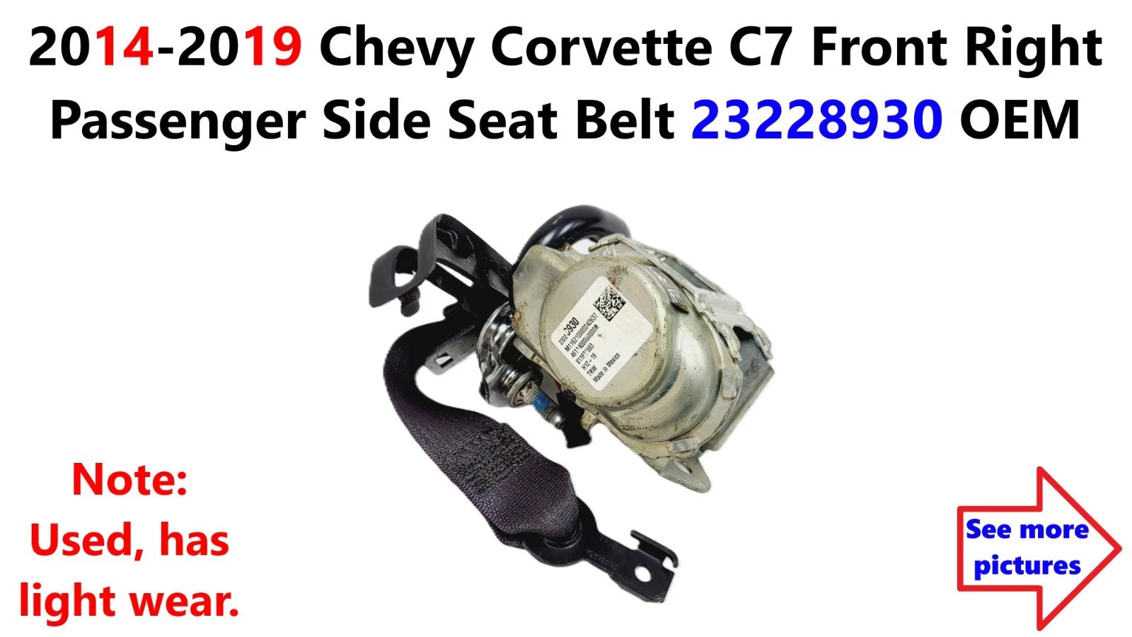 Front Right Passenger Side Seat Belt for Chevy Corvette C7 (2014–2019) 23228930