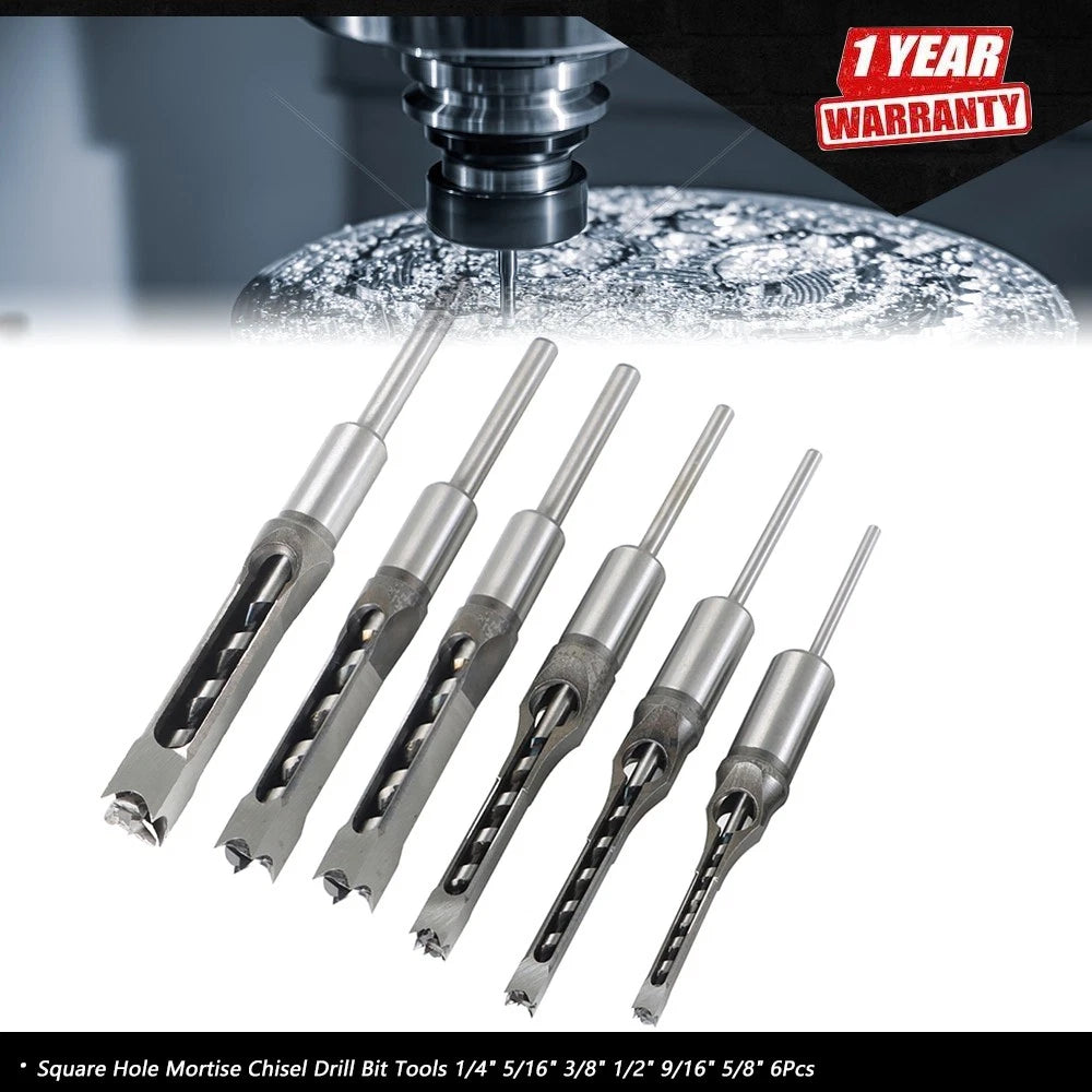 Set of 6 Square Hole Mortise Chisel Drill Bits 6.35mm to 16mm