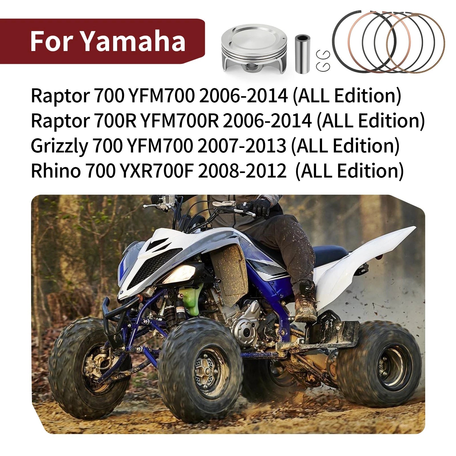 102mm STD Piston w/ Ring Kit for Yamaha Raptor 700 2006–2014 (YFM700, YFM700R)