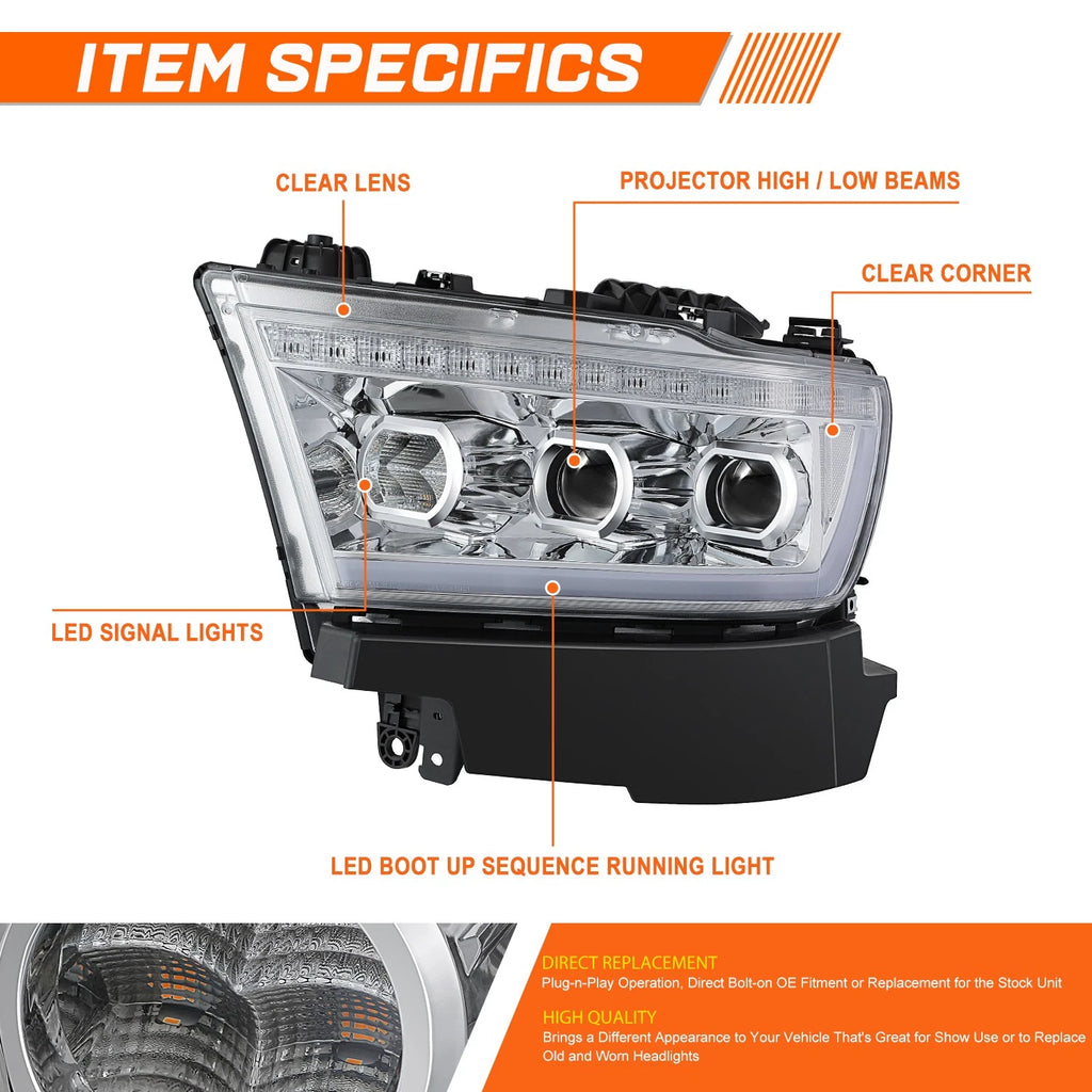 Chrome/Clear Projector Headlight w/LED DRL for Ram 1500 (2019–2024)