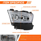 Chrome/Clear Projector Headlight w/LED DRL for Ram 1500 (2019–2024)
