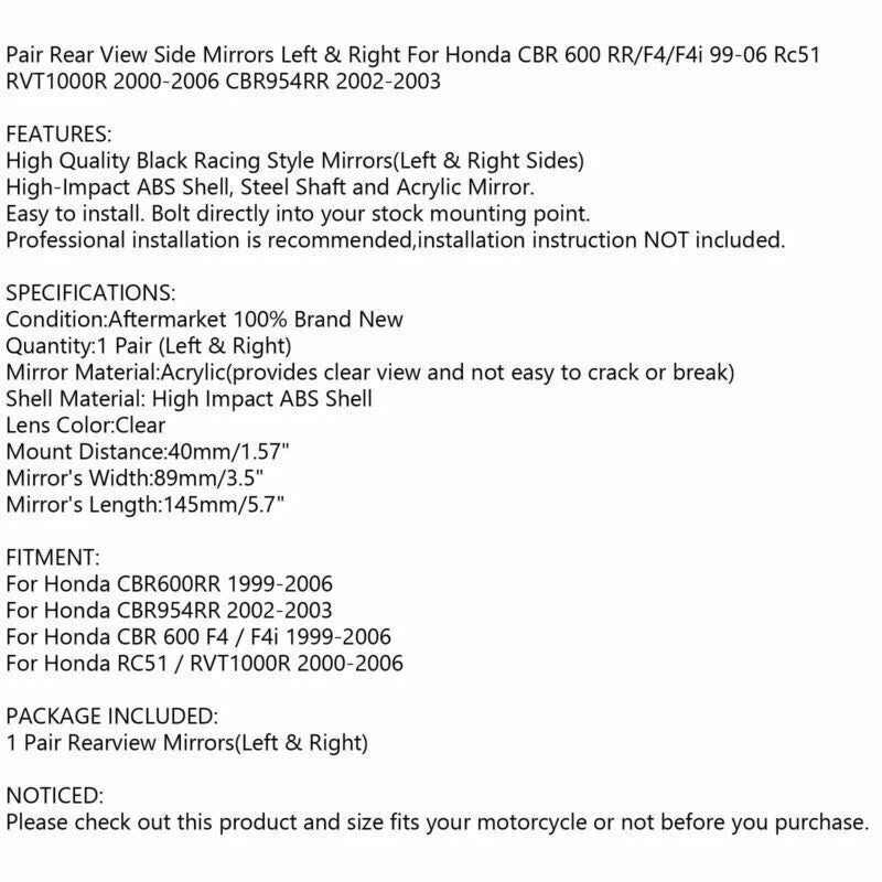 Replacement Mirrors for Honda CBR 600 F4 F4i RC51 RVT 1000 954RR (1999–2006)