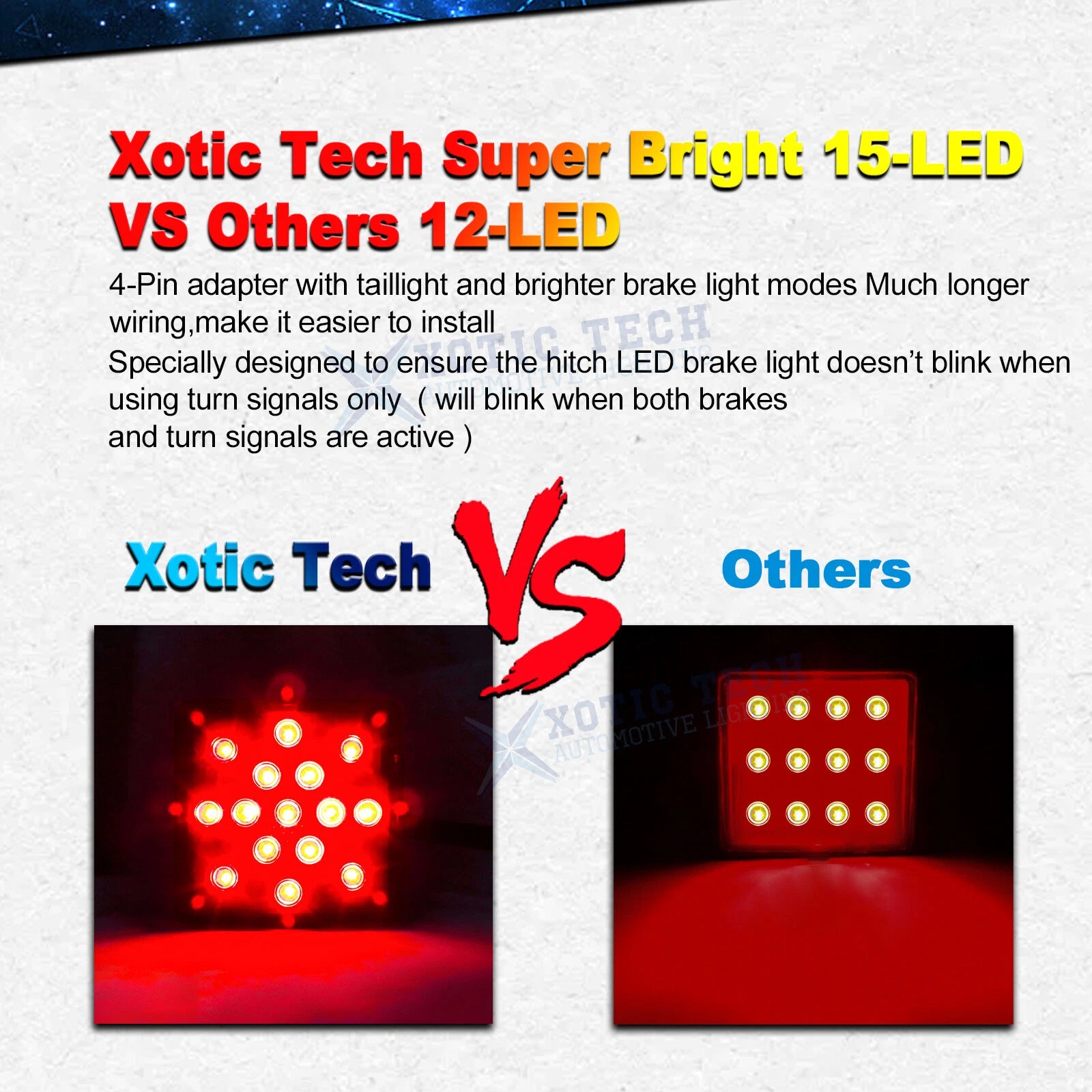 15-LED Red Lens Tow Hitch Receiver Brake Tail Light Adapter for Truck (2")