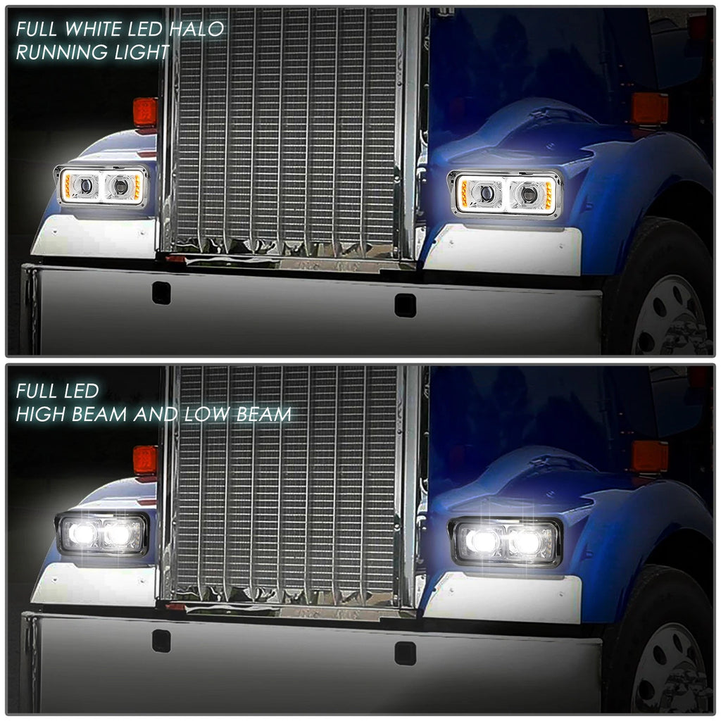 Chrome Full LED DRL Signal Projector Headlights for Freightliner Kenworth (1981–2019)