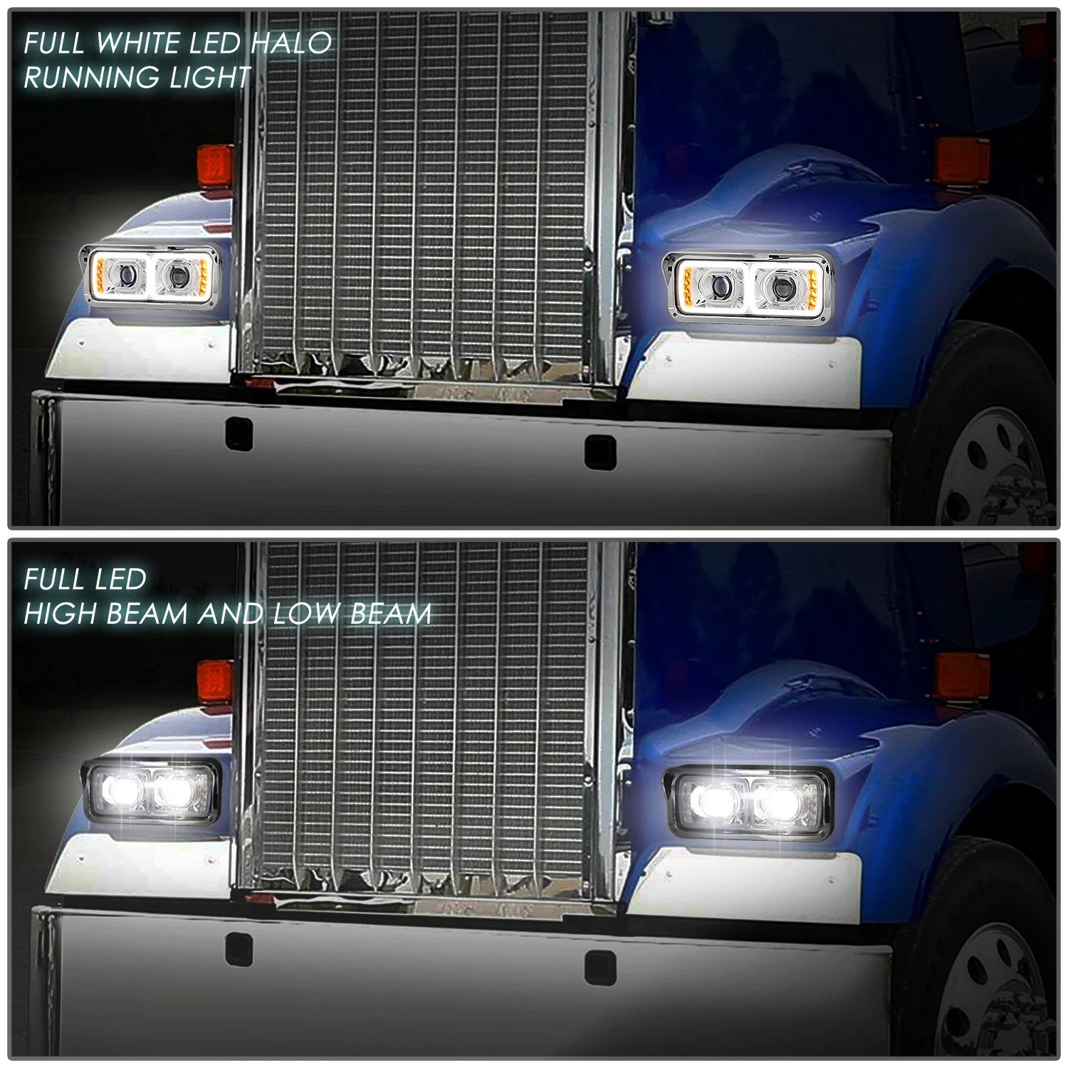Chrome Full LED DRL Signal Projector Headlights for Freightliner Kenworth (1981–2019)