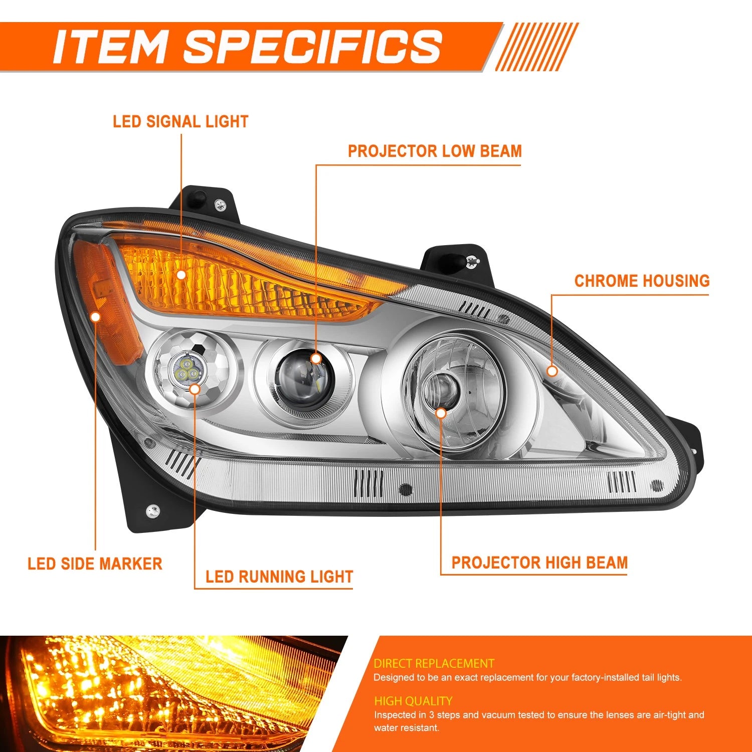 Full LED Projector Chrome Headlights for Kenworth T680 (2022–2025)