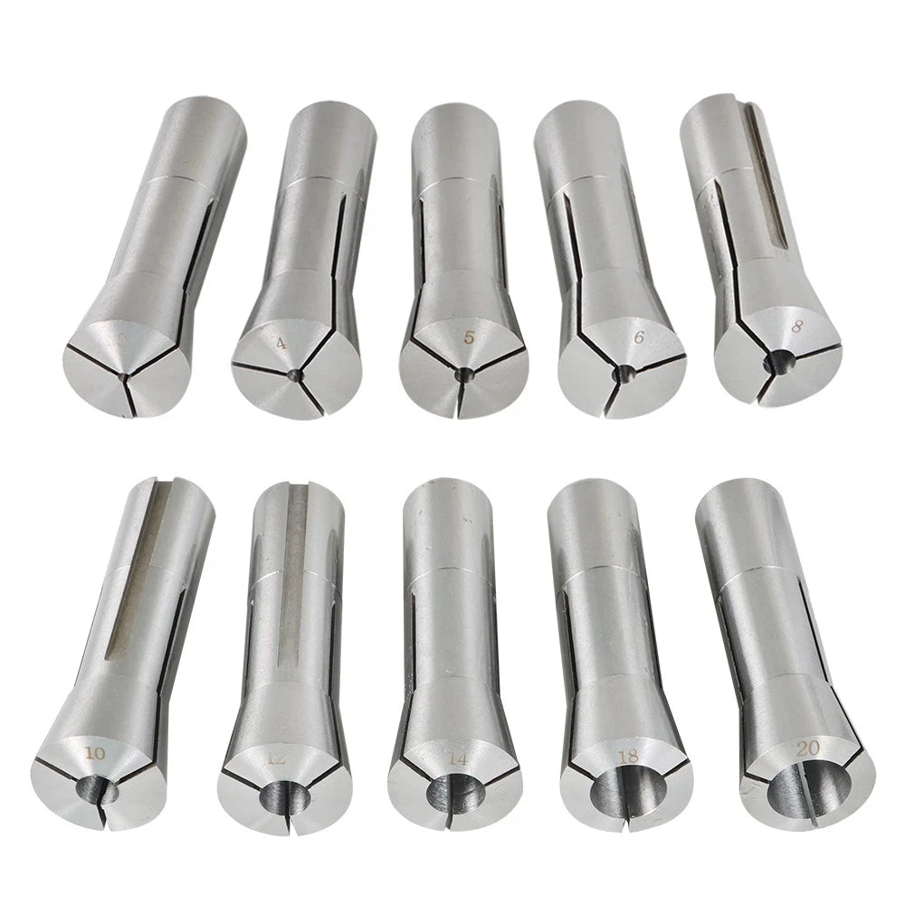 Set of 10 R-8 Round Collets for Milling Lathe (3mm–20mm)