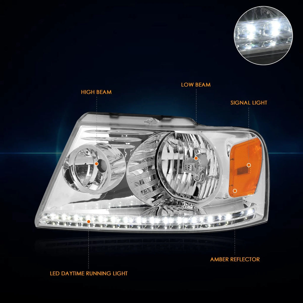 LED DRL Strip Headlight for Ford F150 (2004–2008) Chrome Housing Amber Corner