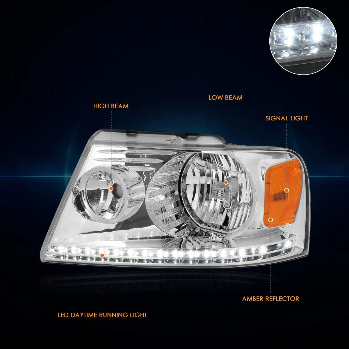 LED DRL Strip Headlight for Ford F150 (2004–2008) Chrome Housing Amber Corner