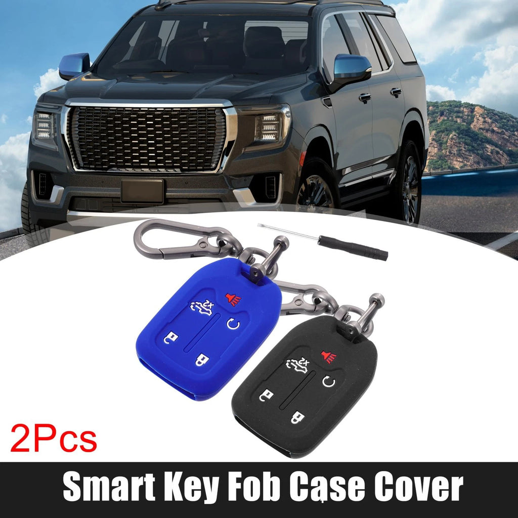 2pcs Silicone Key Fob Case Cover for Chevrolet Silverado (2019–2022) Black Blue