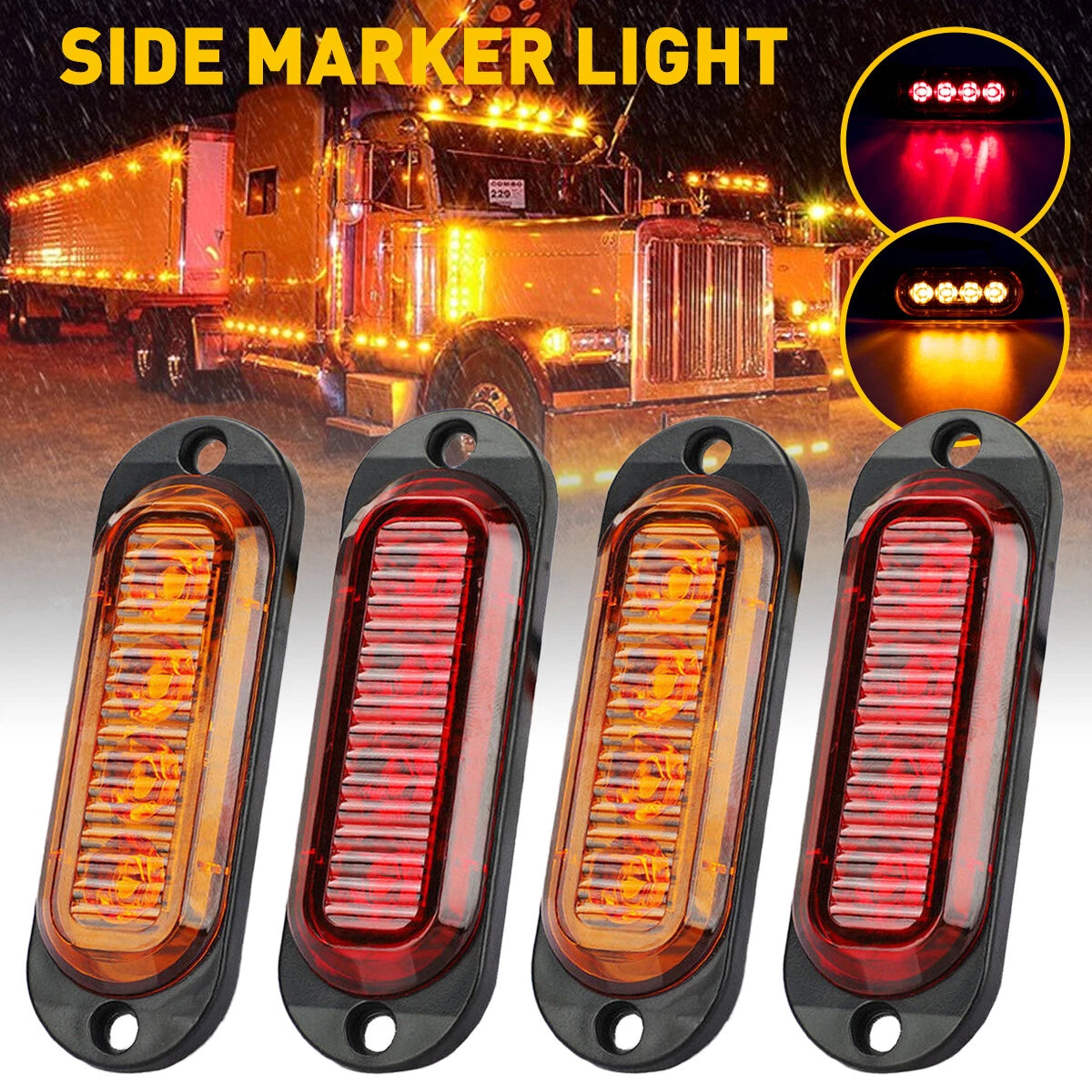 Set of 4 LED Amber Red Oval Side Marker Lights for Universal Fit