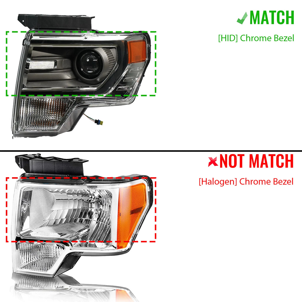 HID Headlight Set for Ford F-150 (2013–2014) w/Chrome Trim, Left+Right Pair