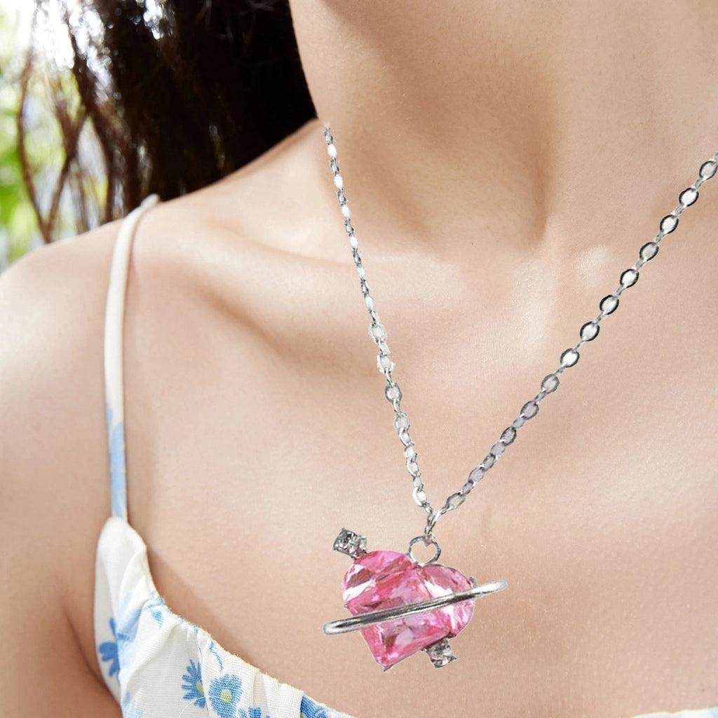 2X Trendy Pink Heart Pendant Necklace for Girls