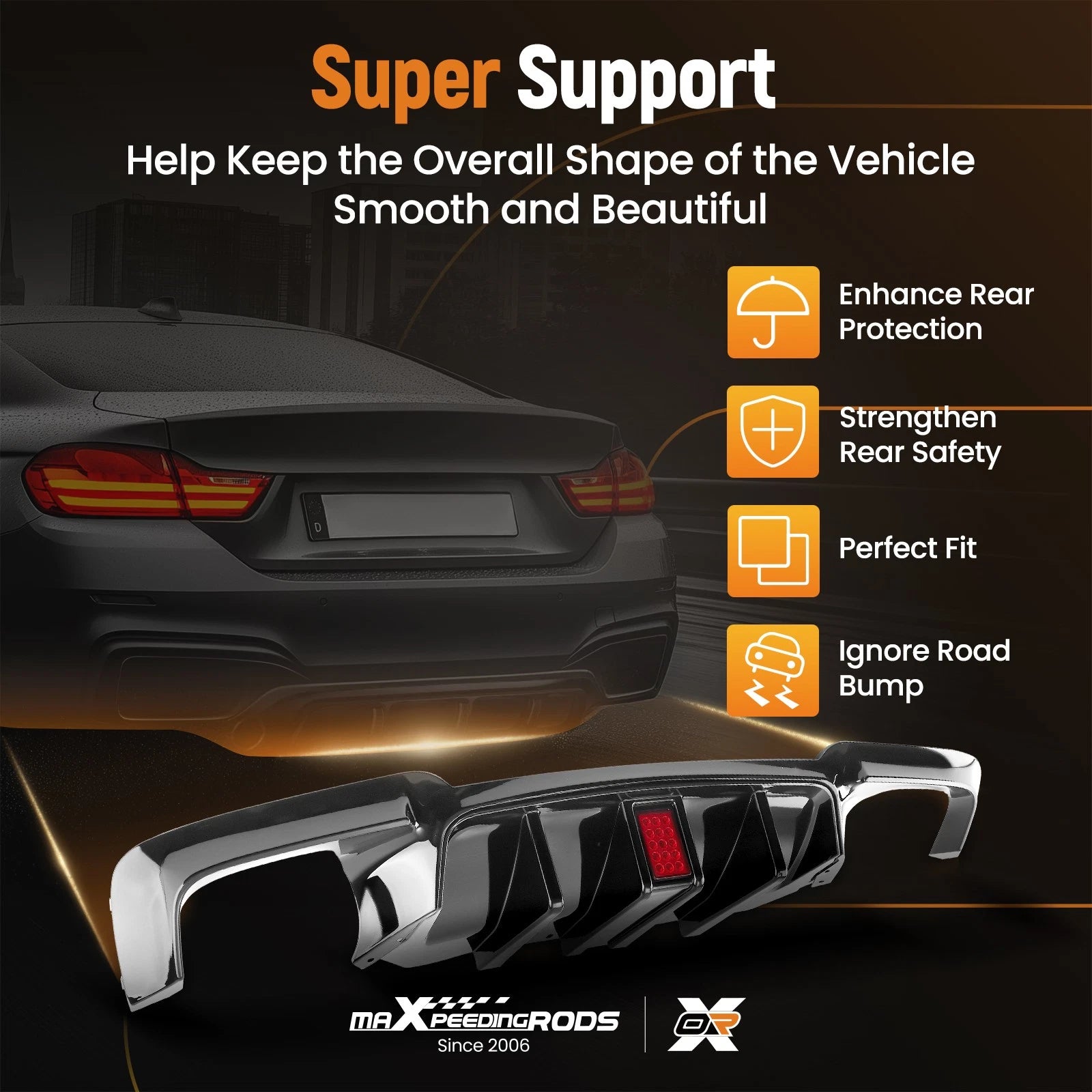 Rear Bumper Diffuser Lip Gloss Black w/ Red LED for BMW F10 M5 (2010–2016)