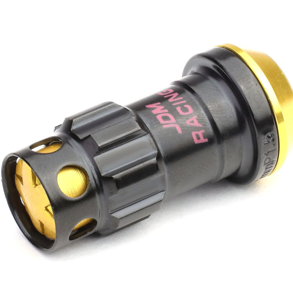 Set of 16 Aluminum Gold Rim Lock Nuts + Adapter M12x1.5 22mm OD/45mm Tall