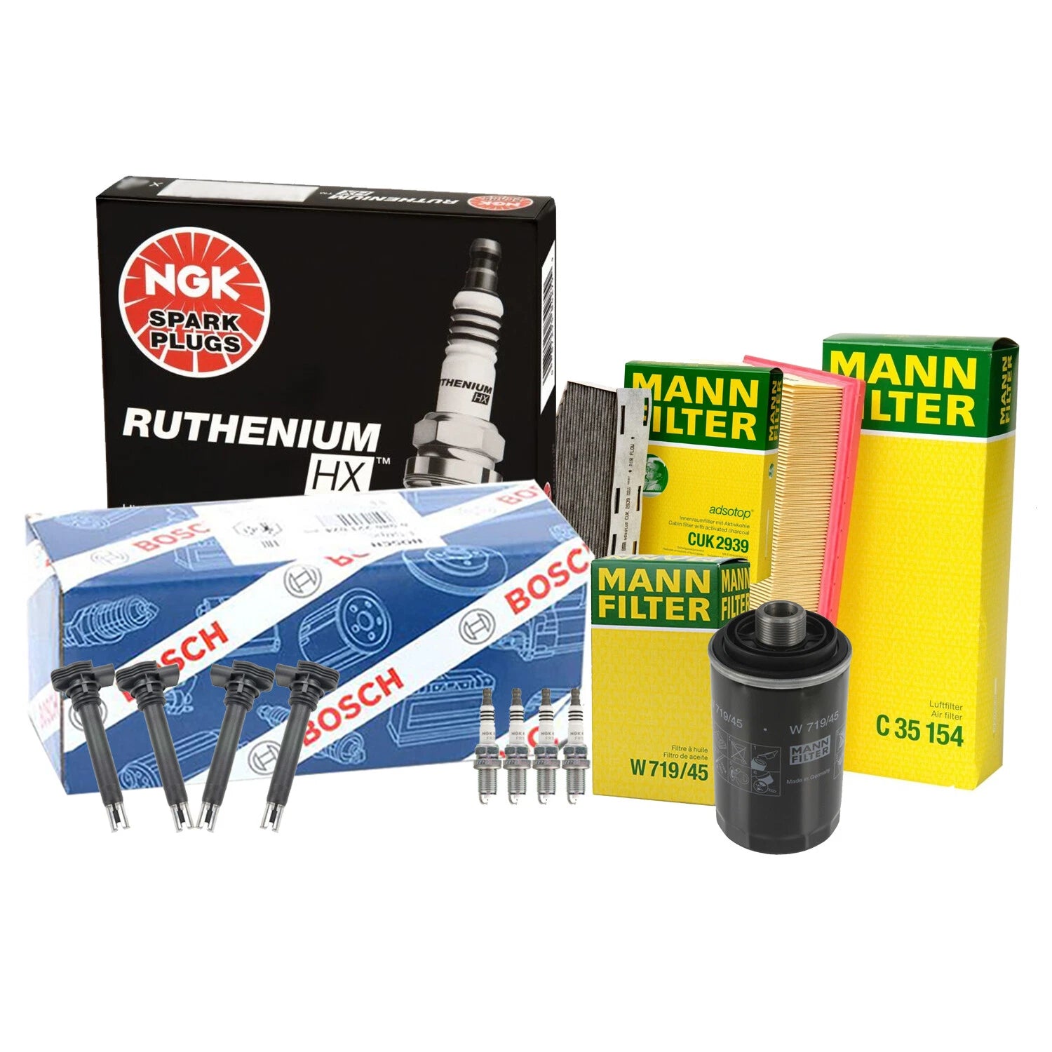 Set of 4 NGK Ruthenium HX Spark Plugs & 4 Coils for Audi