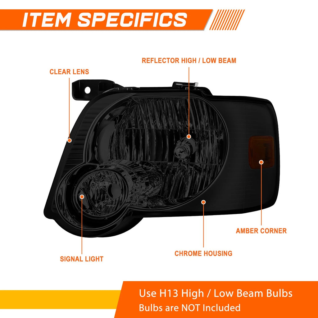 Headlight/Lamp Set for Ford Explorer (2006–2010) Smoked Housing Amber Corner