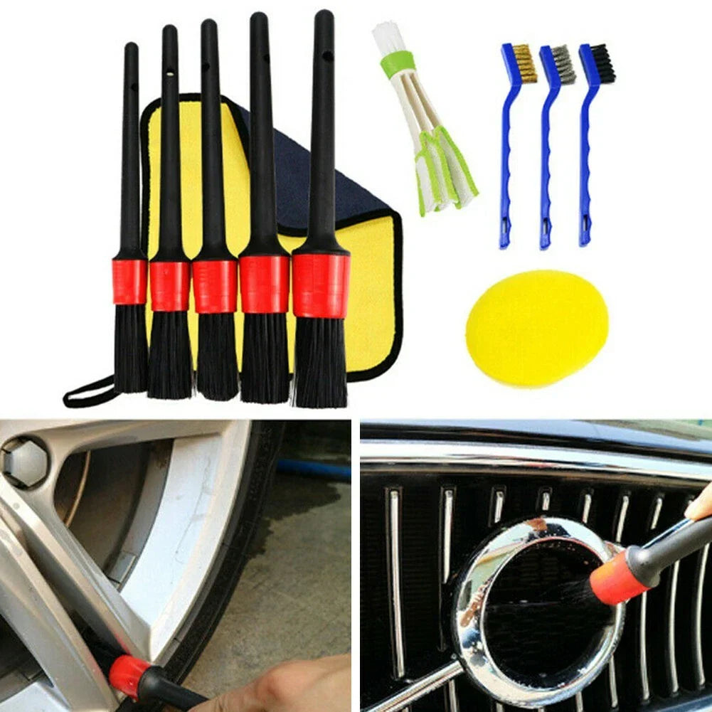 11Pk Car Detailing Brush Kit Boar Hair Auto Interior Wheel Gap Cleaning Tools