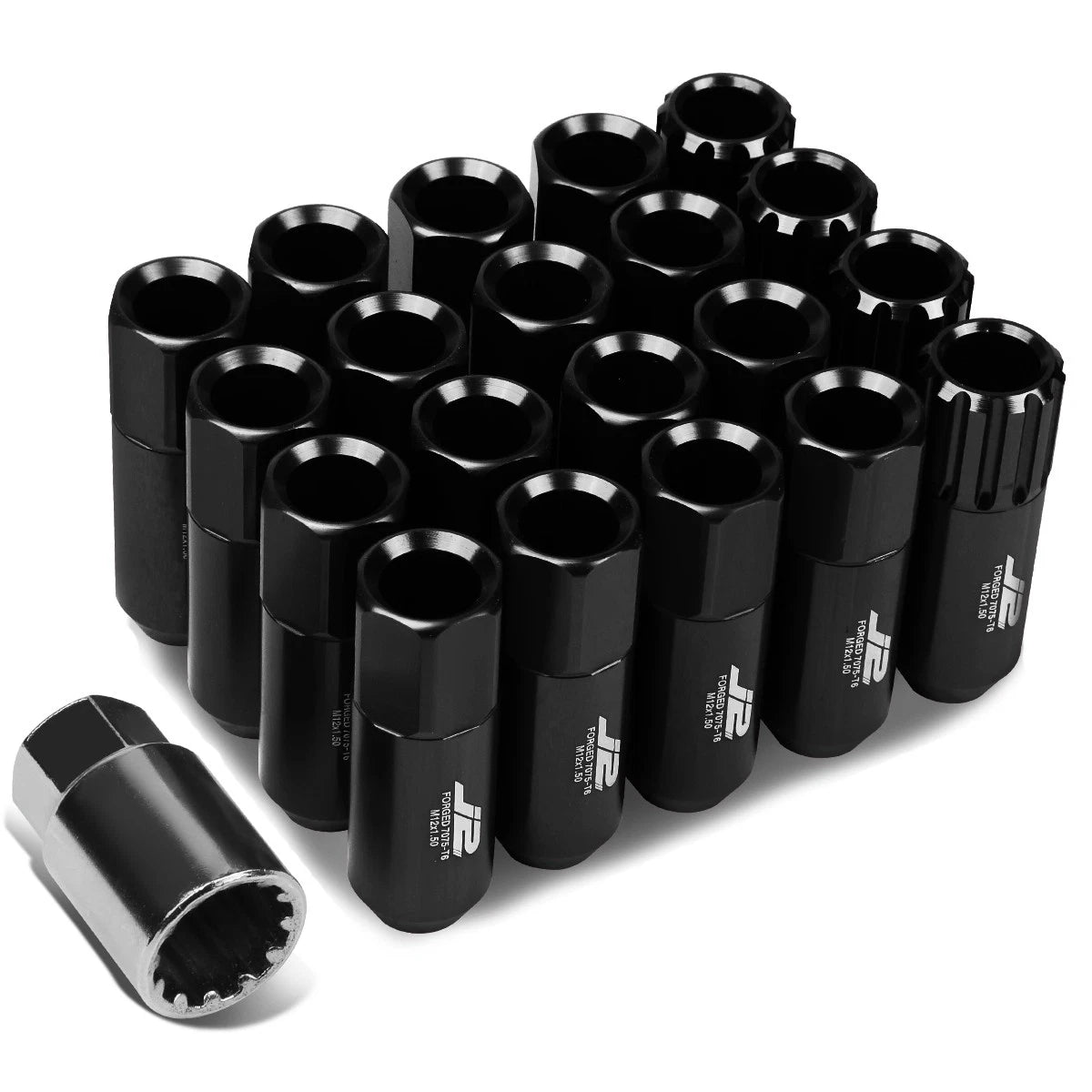 16 Pcs J2 7075 Forged Aluminum M12x1.5 Open-End Lug Nut Set w/4 Lock+Key Black