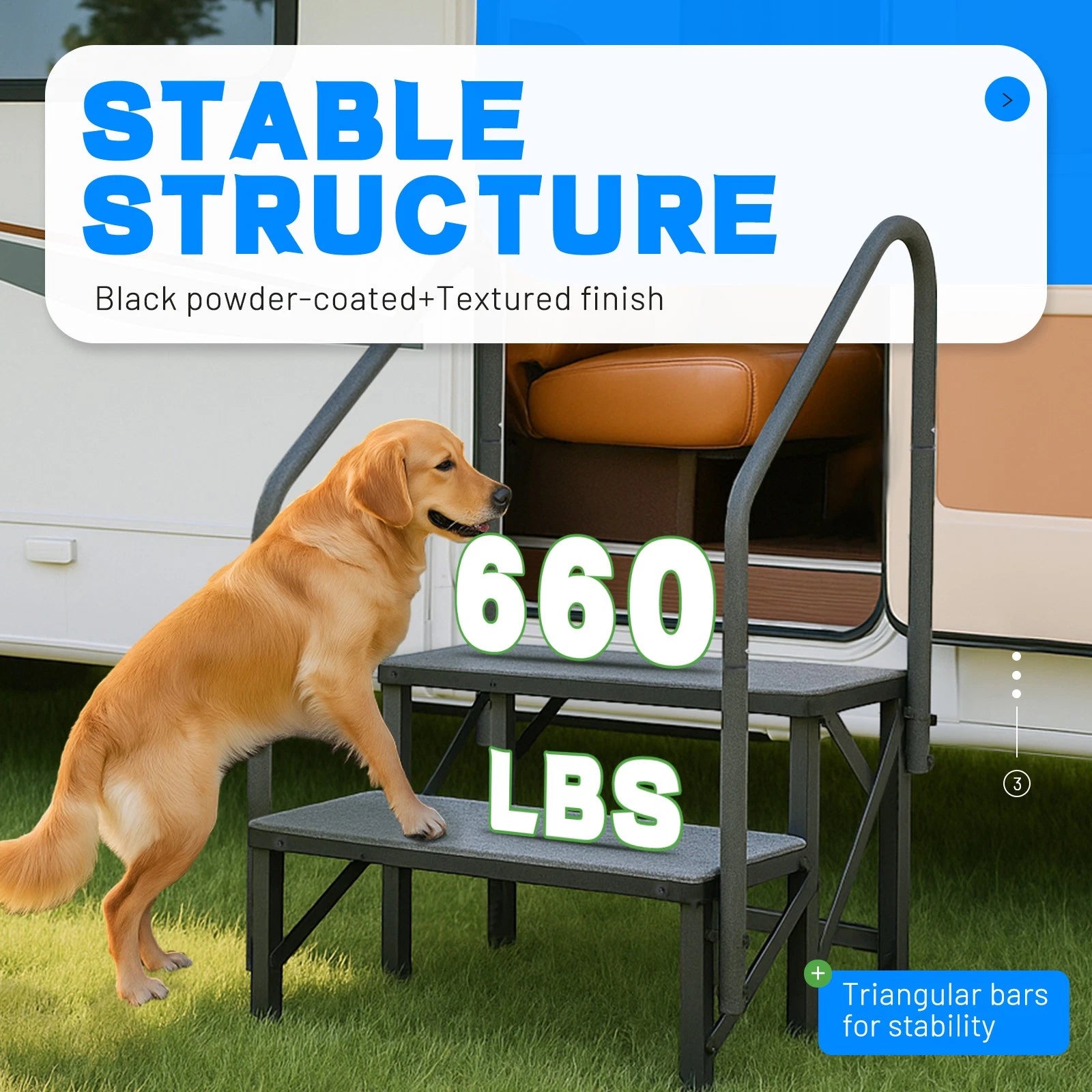 2 Step RV Steps with Handrails for Trailers (660 lbs Load Capacity)