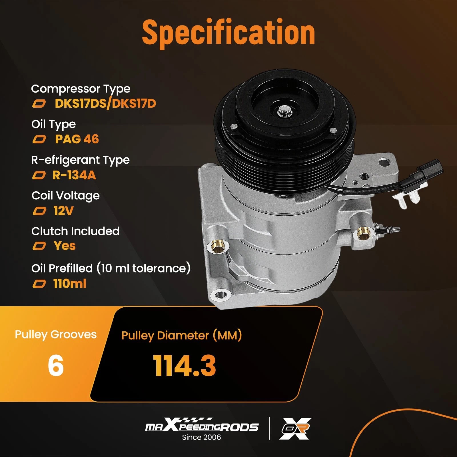 A/C Compressor with 6-Groove Pulley for Ford Mustang (2011-2022)