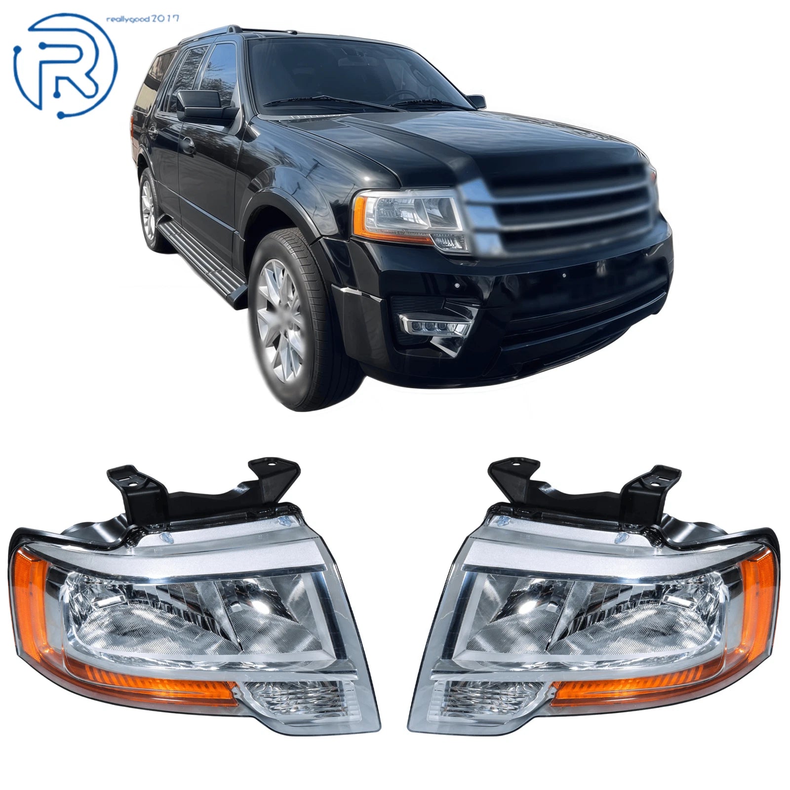 Set of 2 Halogen Chrome Headlights for Ford Expedition (2015–2017)